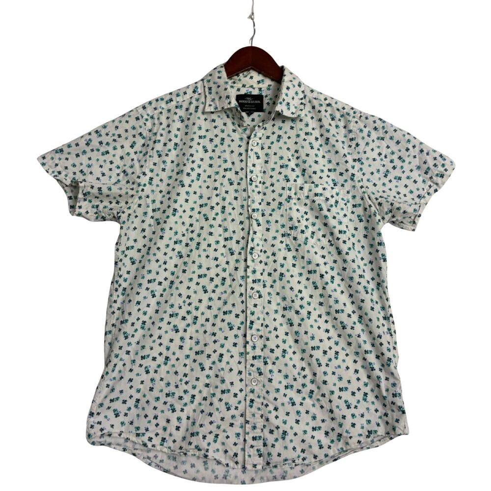 Rodd & Gunn Mens L White Teal Floral Short Sleeve Button Up Sports Fit Shirt